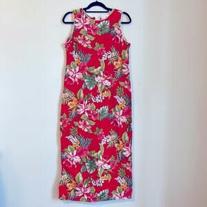 Vintage Hawaiian Aloha hibiscus floral print sleeveless maxi sheath dress sz L